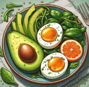 A high-protein savory breakfast with eggs and avocado.