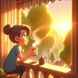 Person soaking in morning sunlight with coffee.