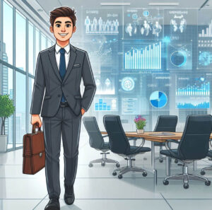 Person walking into a finance staff interview with data visuals overlay.