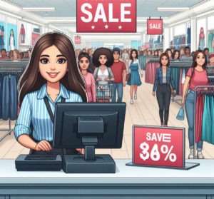 Retail cashier handling customers during a busy sale event.
