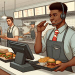 Fast food cashier taking an order and coordinating with the kitchen.