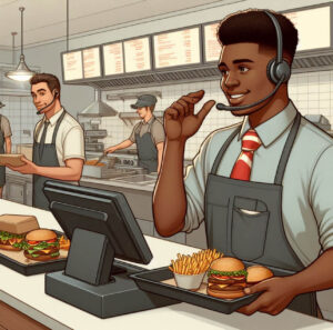 Fast food cashier taking an order and coordinating with the kitchen.