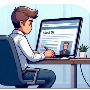 A person typing on a laptop, researching a company’s latest news and updates to prepare for a virtual interview.