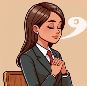 A professional individual taking a moment to breathe deeply and regain composure before an important interview showing last-minute interview preparation.