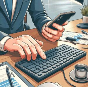 A person quickly scanning a job description on their phone, looking for key points while seated at a desk with a laptop in the background.