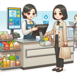Supermarket cashier scanning items swiftly with customer queue.