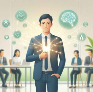 A confident professional standing in a vibrant, modern workspace, with a glowing connection overlay between their brain, heart, and surrounding people. The background features soft green and blue tones, symbolizing self-awareness, empathy, and social connection.