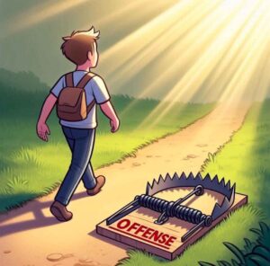A person choosing to walk past the trap of offense, peaceful and free.