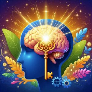 A glowing golden key unlocking a radiant human brain with soft beams of light emanating outward. Surrounding the brain are vibrant elements like colorful leaves and gears, symbolizing the power of psychology for personal growth. The background features a gradient of deep blue transitioning to golden hues, evoking enlightenment and growth.