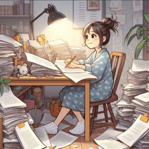 Artistic depiction of a woman sitting at a desk surrounded by scattered manuscripts in a cozy but cluttered room, symbolizing perseverance and the power of resilience through inspirational quotes.