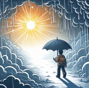 A person walking through a storm holding an umbrella, with sunlight breaking through the clouds ahead, symbolizing resilience, faith, and hope.