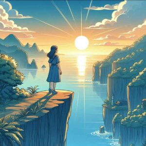 A serene scene of a woman standing at the edge of a cliff at sunrise, gazing into the horizon with a look of hope and inspiration. The quote 'We may encounter many defeats, but we must not be defeated' is subtly overlaid, reflecting resilience and optimism.