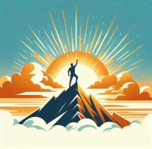 A silhouette of a person standing triumphantly on a mountain peak at sunrise, with golden light breaking through the clouds, symbolizing hope, resilience, and a new perspective.