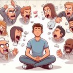 A calm person surrounded by emotional speech bubbles showing other people's moods.