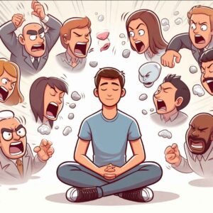 A calm person surrounded by emotional speech bubbles showing other people's moods.