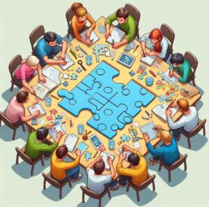 Different people using different strategies to solve a puzzle together.