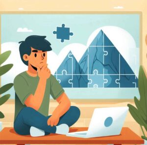 A person with a thoughtful expression, contemplating a challenging puzzle or mountain, symbolizing overcoming obstacles and embracing a growth mindset. The background features a peaceful landscape or cozy workspace.