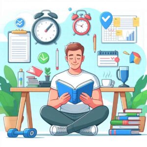 A person engaging in healthy daily habits like reading, journaling, or exercising, in a calm and organized space. The image symbolizes the power of consistency, time management, and habit formation.