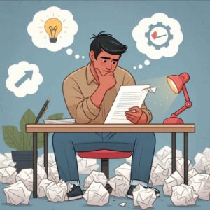 A person sitting at a table filled with crumpled papers, representing trial and error. The individual is focused, demonstrating persistence and the willingness to learn from mistakes in the journey of personal growth.