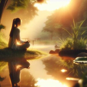 A person sitting cross-legged outdoors near a tranquil lake, meditating with eyes closed in a serene atmosphere. Soft light filters through trees, and a journal lies open nearby, symbolizing mindfulness, stress relief, and inner peace.