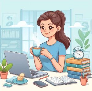 A person sitting at a desk, reading a book or taking an online course with books, a laptop, and a cup of tea, symbolizing continuous learning and openness to new knowledge for personal growth.