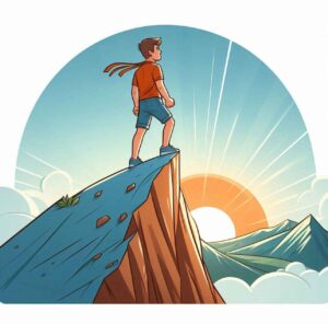 A person stands confidently on top of a mountain during sunrise, symbolizing personal growth and achievement.