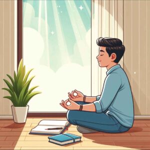 A person meditating or journaling in a peaceful, natural light-filled setting, symbolizing self-reflection and mindfulness as part of personal growth.