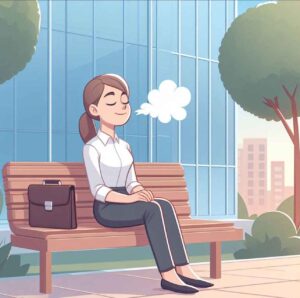 A serene pre-interview moment with a person sitting on a bench outside a modern office building, taking deep breaths and smiling, with a briefcase or folder beside them and calming elements like trees and soft lighting in the background.