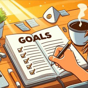 A person writes small, achievable goals in a journal at a desk, with a cup of coffee and a motivational quote framed on the wall, symbolizing goal setting and productivity.