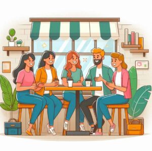 A group of friends or colleagues having a positive, supportive conversation in a coffee shop or office, symbolizing healthy relationships and uplifting connections for personal growth.