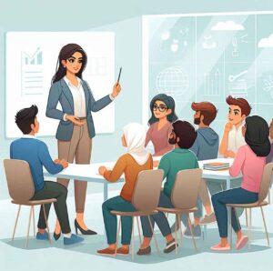 A mentor confidently teaching a diverse group in a modern, open classroom filled with natural light, showcasing active communication and collaboration. Subtle lightbulb and growth icons overlay the scene, symbolizing transformation, learning, and shared knowledge.