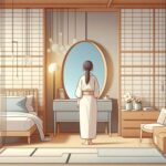 Self-reflection, a woman standing in a calm Japanese room with natural light, gazing into a mirror with a thoughtful expression, reflecting on their life for personal growth.