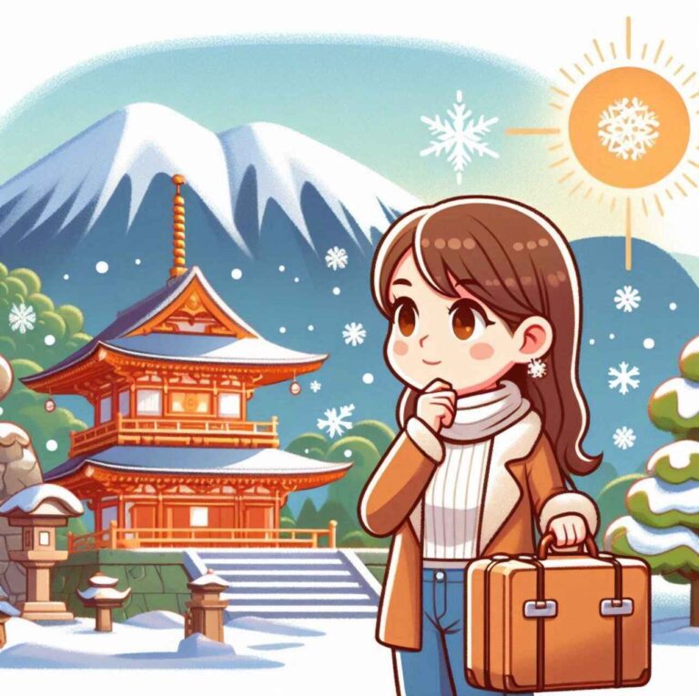 A foreigner standing in front of a serene, snowy mountain landscape in Nagano, with a shrine or temple in the background. Holding a travel bag, the foreigner appears reflective and determined. Snowflakes fall gently around them, symbolizing new beginnings and personal growth.