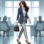 A confident woman standing tall with good posture in a modern office, smiling and exuding self-assurance.