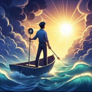 A person confidently steering a boat through stormy seas, symbolizing emotional intelligence and resilience in handling stress.