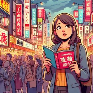 A foreigner holding a Japanese phrasebook, standing in a busy Japanese street with neon signs and crowds. The person looks confused yet determined, reflecting the hustle and bustle of Japan’s urban life.