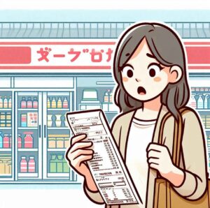 A foreigner shocked by the high cost of living in Japan, looking at a grocery receipt in front of a typical Japanese supermarket or convenience store. The clean, modern store setting reflects Japan's high living standards.