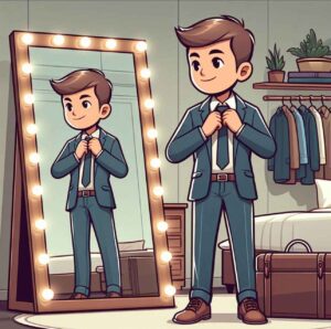 A person in a stylish, professional outfit adjusts their jacket or fixes their collar in front of a full-length mirror, exuding confidence. The modern, well-lit setting reflects their personal style, preparing for an important event.