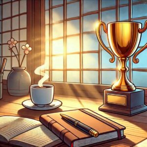 A journal, a golden trophy, and a coffee cup on a desk illuminated by gentle sunlight.