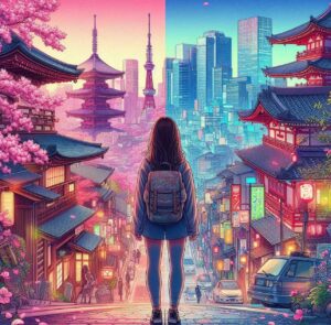 A foreigner in Japan, blending traditional cherry blossoms and temples with a modern cityscape, symbolizing cultural beauty, challenge, and personal growth.