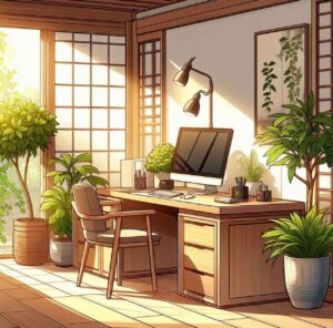 A clean and bright home office with a tidy desk, natural sunlight, and potted plants creating a peaceful and inspiring atmosphere.