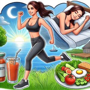 Person exercising outdoors with a healthy meal and peaceful sleep setting, illustrating the connection between physical health and confidence.