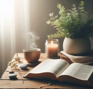 Open Bible with a candle, plant, and a warm cup of tea, symbolizing spiritual growth.