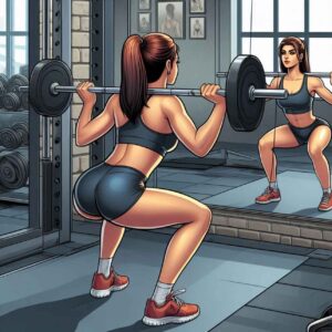 Fat-Burning Workout: Woman performing compound squat with barbell in gym.
