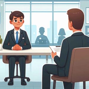 Confident job interview scene with a candidate displaying positive body language, professionalism, and confidence in a modern office setting.