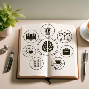 Minimalist workspace with an open notebook, tea, and symbols for personal growth: Bible for spiritual, brain for mental, plant for emotional, and briefcase for professional.