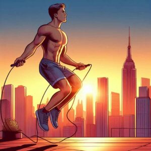 Man doing fast jump rope intervals on rooftop.