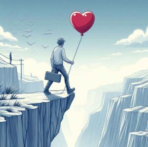 A person on the edge of a cliff holding a heart balloon, symbolizing risky decisions in love.