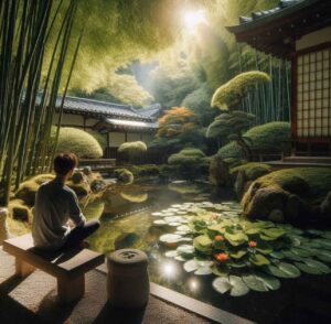 A man sitting on a stone bench in a Japanese temple garden, reflecting on koi pond surrounded by lush greenery, lotus flowers, and bamboo, symbolizing mindfulness and personal growth.