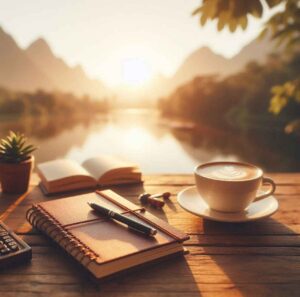 Journal, pen, cup of tea, plant, and motivational book on a wooden desk with a sunrise or sunset background, symbolizing personal growth and inspiration.